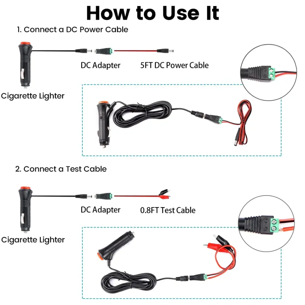 Cigarette Lighter for Car Backup Camera, Monitor, DVR, DVD, Bluetooth  Speaker, GPS, Laptop, GreenYi 12V DC Cig. Lighter Charger Cord with Te