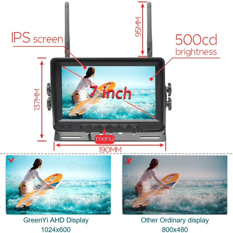 GreenYi Wireless AHD 7 inch DVR Monitor 720P High Definition Night Vision Reverse Backup Recorder Wifi Camera For Bus Car Truck