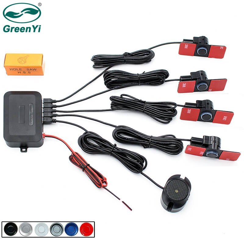 GreenYi DC 12V Car Parking Sensor Auto Reverse Backup Radar Detector Buzzer Alarm Bibi Sounds System with 4PCS 16MM Flat Sensors