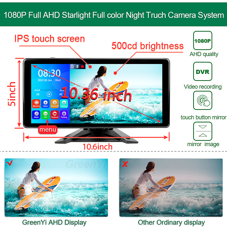 GreenYi 10.36 Inch 4 Channel Split Screen Truck Bus Bluetooth MP5 DVR Recording Monitor With AHD 1080P Reverse Backup Camera