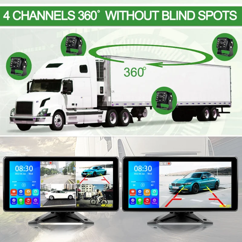 GreenYi 10.36 Inch 4 Channel Split Screen Truck Bus Bluetooth MP5 DVR Recording Monitor With AHD 1080P Reverse Backup Camera