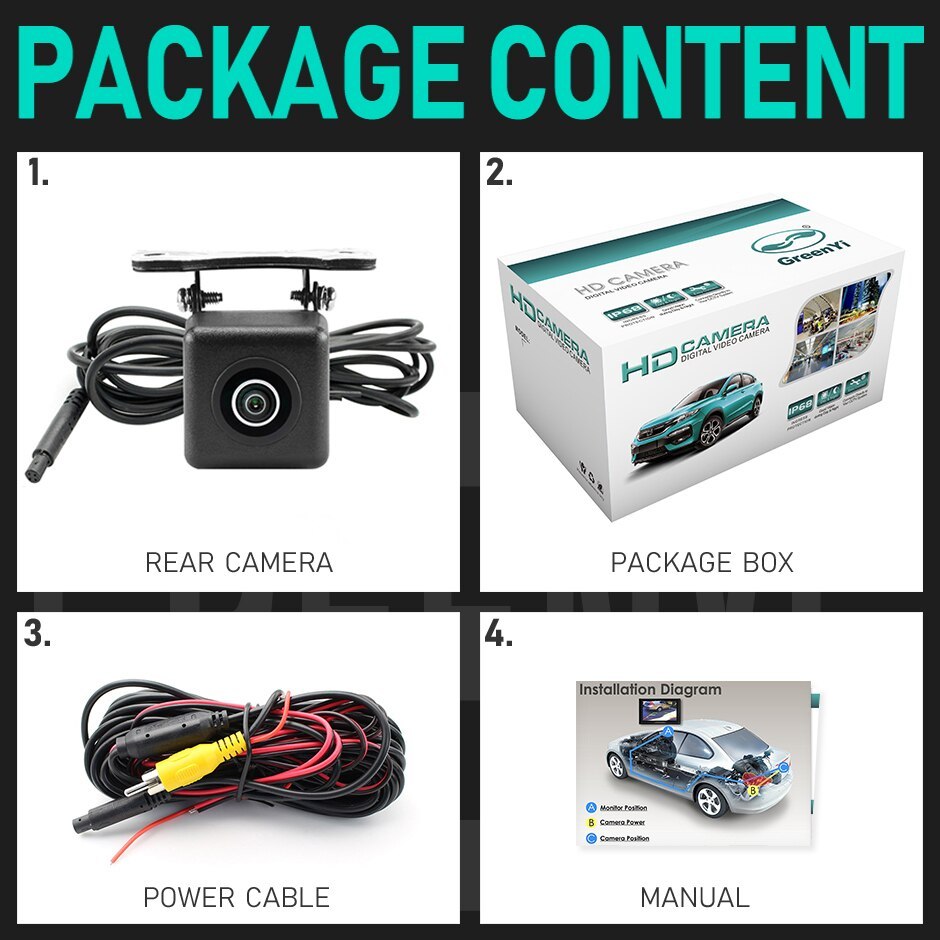 GreenYi AHD 1080P 170° Vehicle Rear View Camera Fisheye Lens Car Reverse Black Night Vision Waterproof No LED Universal