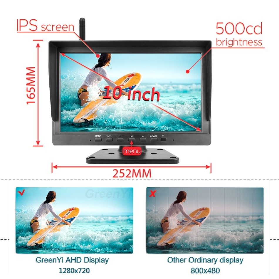 GreenYi 10 inch Wireless Truck DVR Monitor AHD 720P High Definition Night Vision Reverse Backup Recorder Wifi Camera For Bus Car