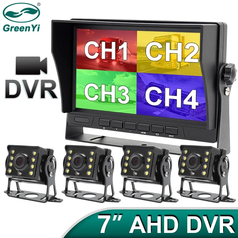 GreenYi 7 inch 4CH AHD Recorder DVR Car Monitor Vehicle Truck Night Vision Rear View Camera Support SD Card Recording