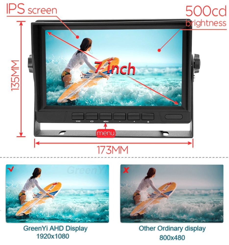 GreenYi 7 inch 4CH AHD Recorder DVR Car Monitor Vehicle Truck Night Vision Rear View Camera Support SD Card Recording