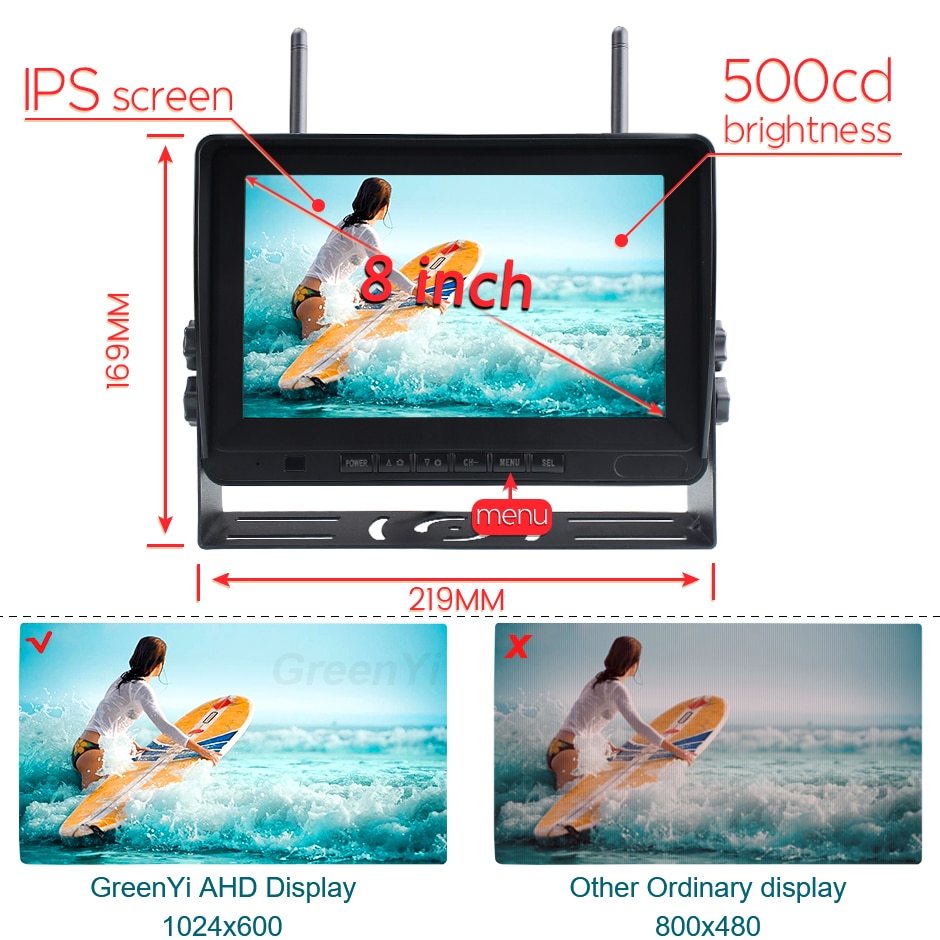 GreenYi AHD 720P Wireless 8 Inch IPS Car DVR Recorder Monitor 4 CH Vehicle Reverse IR Night Vision Wifi Camera For Bus Truck