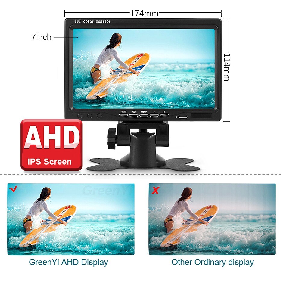 GreenYi RCA AHD 7 Inch Vehicle Monitor 1080P Truck Starlight Night Vision Camera IPS Screen With Cigarette Lighter For Bus Car