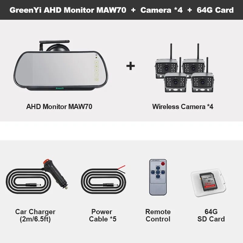 GreenYi Wireless HD 1080P Trailer Rear View Cam System 7'' DVR Monitor Split Screen 4 Channels for Truck Camper RV