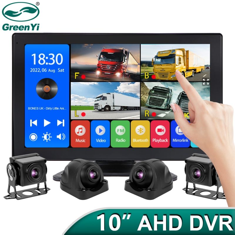 GreenYi 10" AHD Monitor 4CH Recording DVR IPS Touch Screen 1080P Car Rear View Camera Truck Vehicle Support FM Mirrorlink