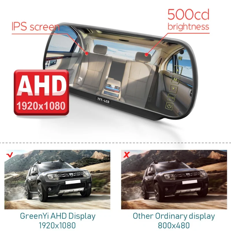 GreenYi 7 inch AHD Car Mirror Monitor 170° 1080P Rear View AHD Camera High Definition Vehicle IPS Full Mirror Display