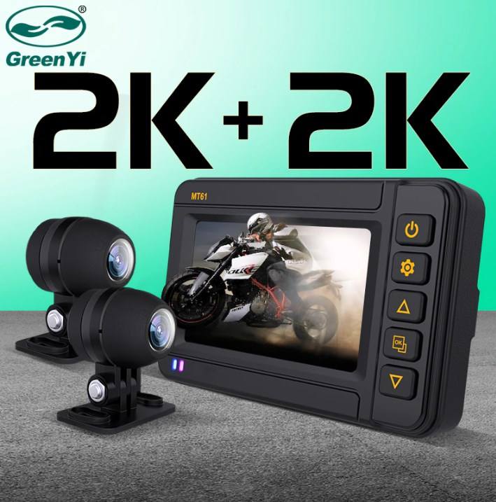 2K Motorcycle DVR Dash Cam with WiFi, GPS Logger, Waterproof Front & Rear View Camera Recorder Box GreenYi