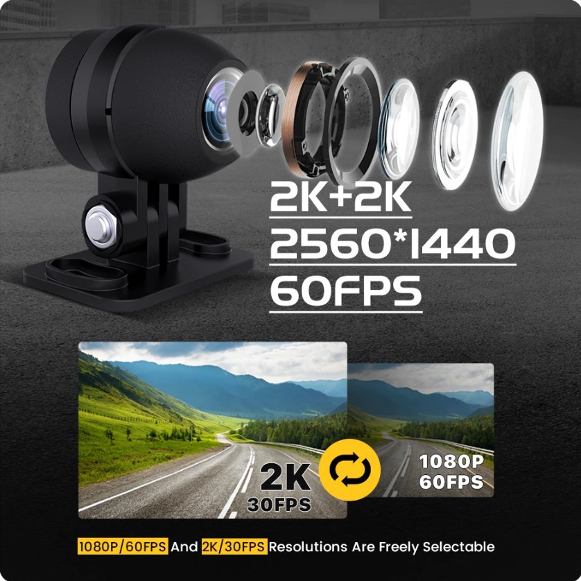 2K Motorcycle DVR Dash Cam with WiFi, GPS Logger, Waterproof Front & Rear View Camera Recorder Box GreenYi