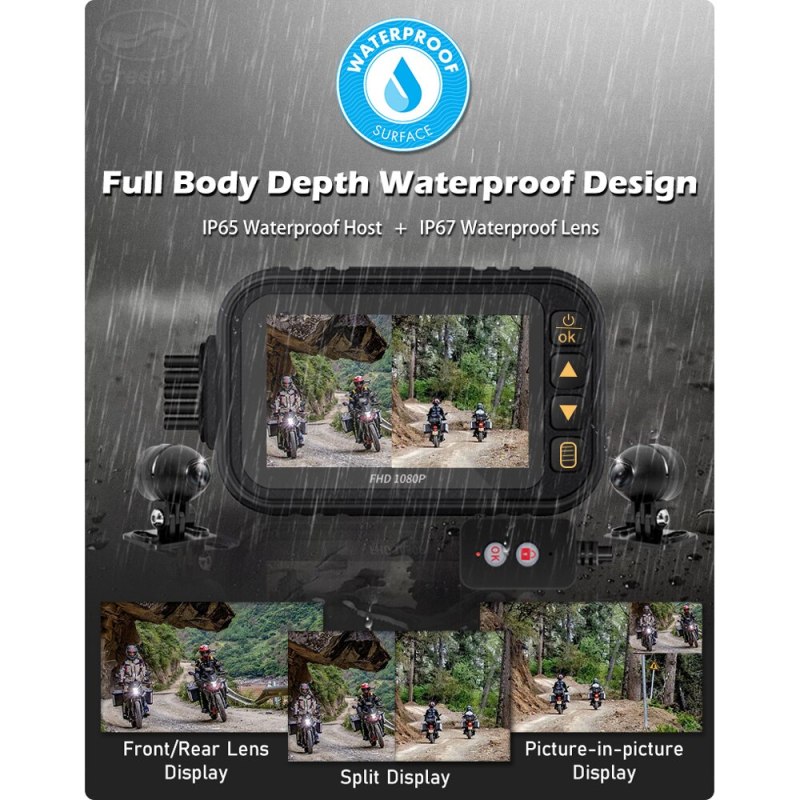 GreenYi 3" Screen Full Body Waterproof Motorcycle DVR Dash Cam 1080P WiFi Front Rear View Motorcycle Camera Moto Recorder Box