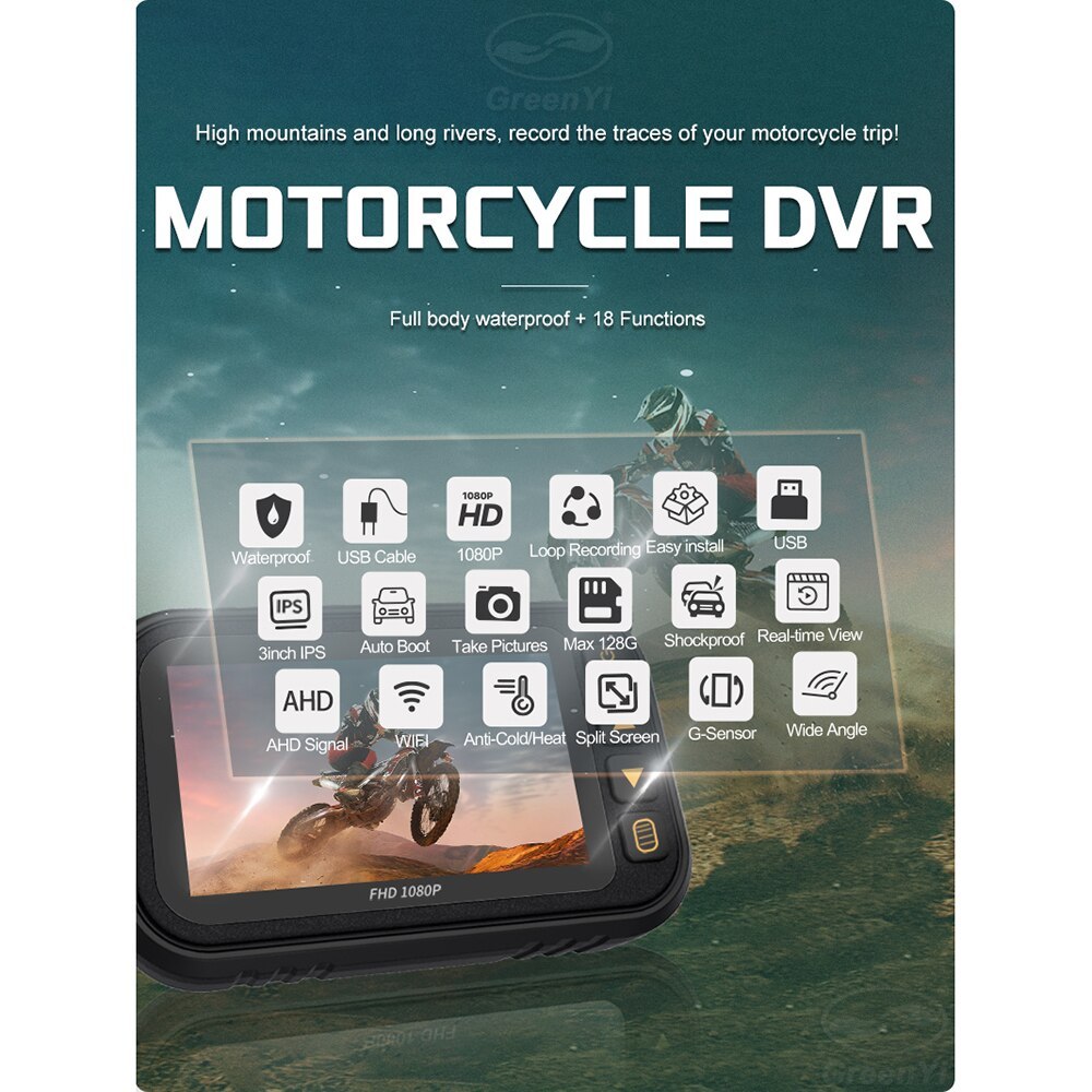 GreenYi 3" Screen Full Body Waterproof Motorcycle DVR Dash Cam 1080P WiFi Front Rear View Motorcycle Camera Moto Recorder Box