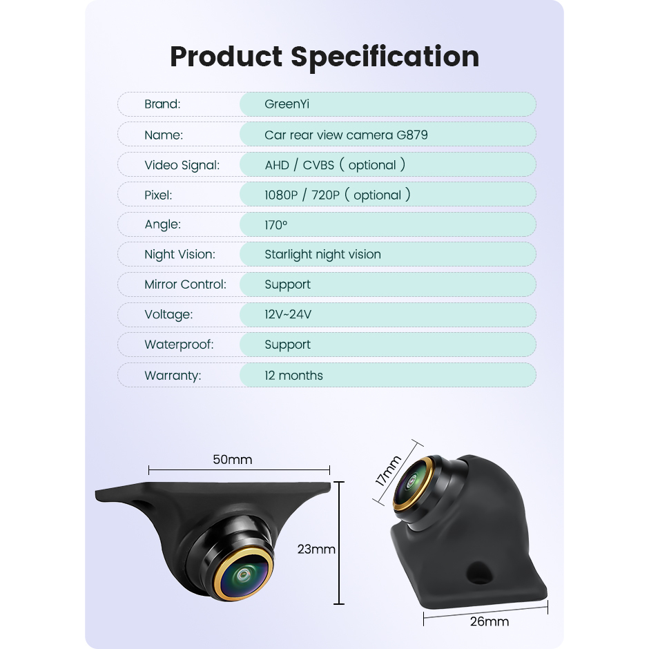 AHD 1080P 720P Car Rear Front Side View Camera with Night Vision and 170° Fisheye Lens GreenYi