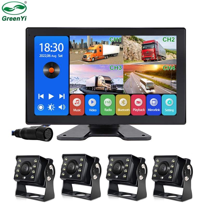 10.1" Touchscreen 4CH Split Screen Vehicle MP4 DVR Recorder Monitor with  AHD 1080P Backup Camera for RV/Truck/Bus/Trailer/Camper GreenYi