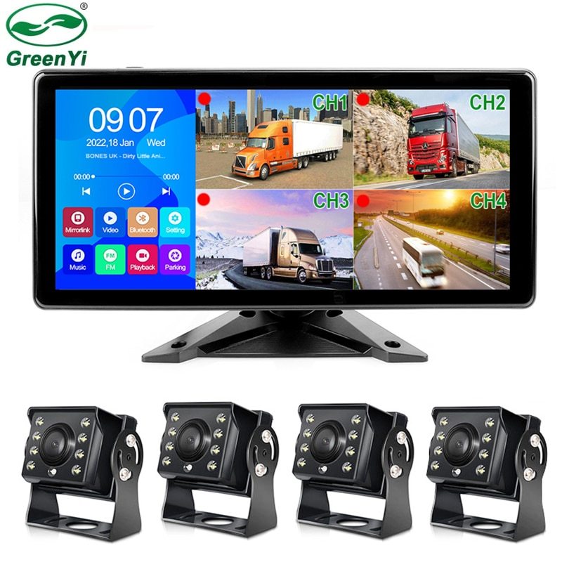 10.36 Inch 4 Channels Split Screen Car MP4 DVR Recorder Monitor With AHD Front Rear Backup Camera For Truck/Bus/Trailer/RVs