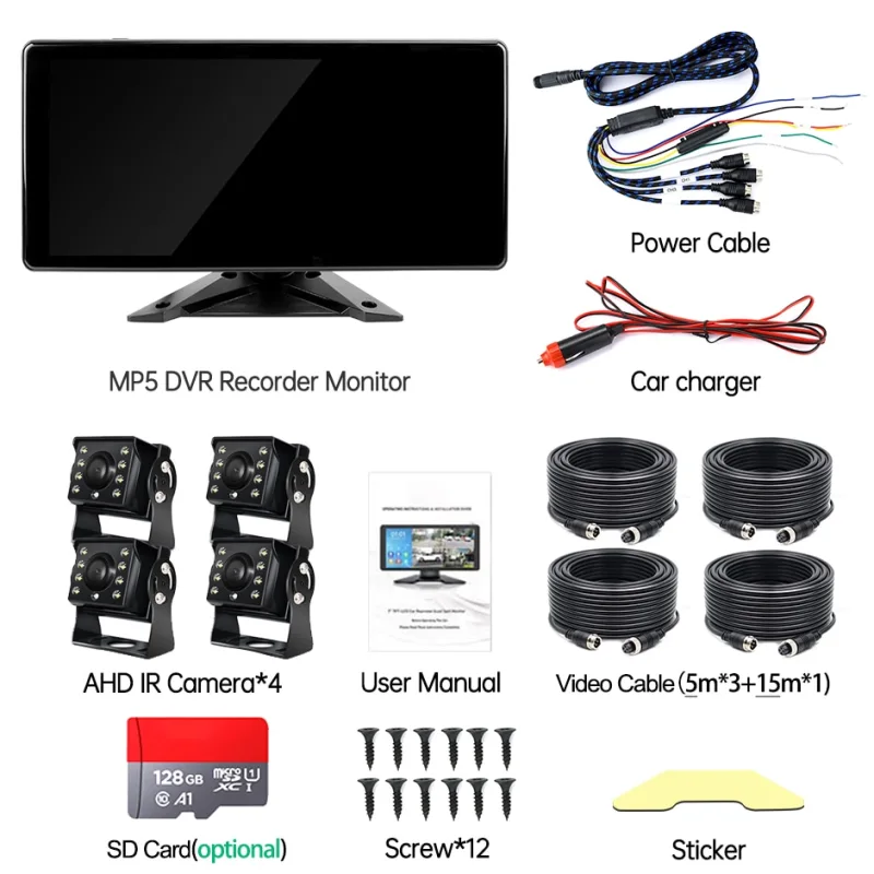 10.36 Inch 4 Channels Split Screen Car MP4 DVR Recorder Monitor With AHD Front Rear Backup Camera For Truck/Bus/Trailer/RVs
