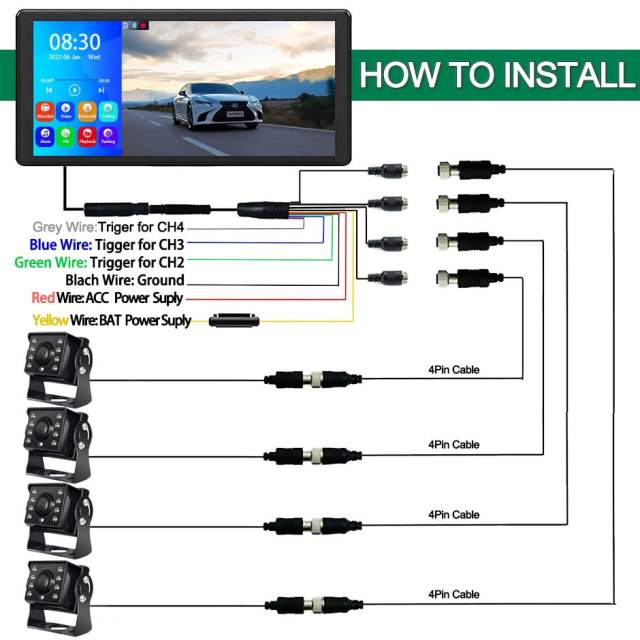 10.36 Inch 4 Channels Split Screen Car MP4 DVR Recorder Monitor With AHD Front Rear Backup Camera For Truck/Bus/Trailer/RVs