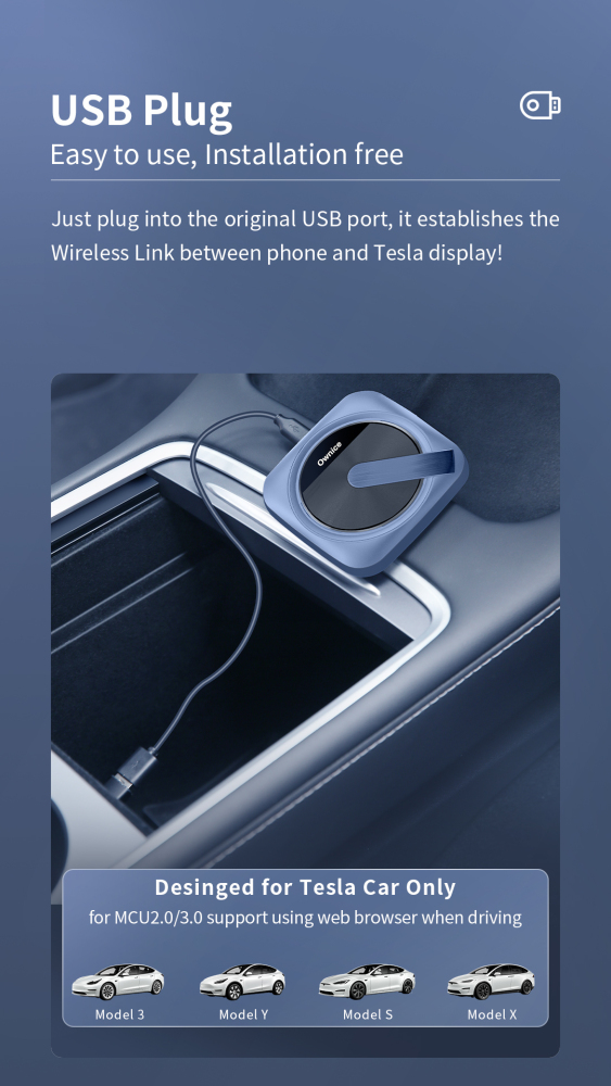 Wireless Tesla Carplay Android Auto AI Box Adapter for Model X 3 Y S after Year 2018 No Need SIM Card 2.4G and 5G WIFI Supported Ownice