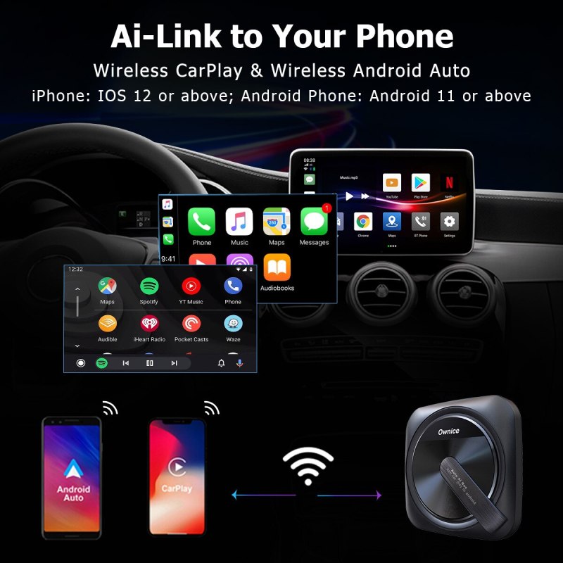 Wireless CarPlay Android AUTO AI Box Adapter 4G Cellular,4GB+64GB,8Core,Android 9.0 System with DVR Dash Camera Ownice A4