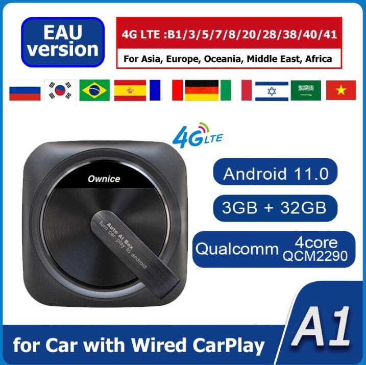 Wireless CarPlay And Android Auto Adapter with Android 11 and Streaming Apps Ownice A1