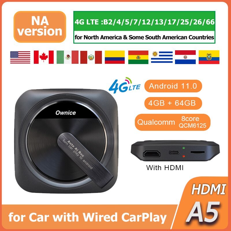 QCM6125 Wireless Carplay AI Box Android11 for OEM Wired Android Auto Carplay, Support Online Update, Plug & Play, HDMI Ownice A5