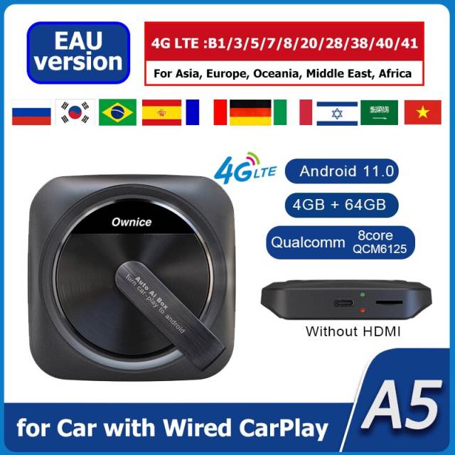 QCM6125 Wireless Carplay AI Box Android11 for OEM Wired Android Auto Carplay, Support Online Update, Plug & Play, HDMI Ownice A5
