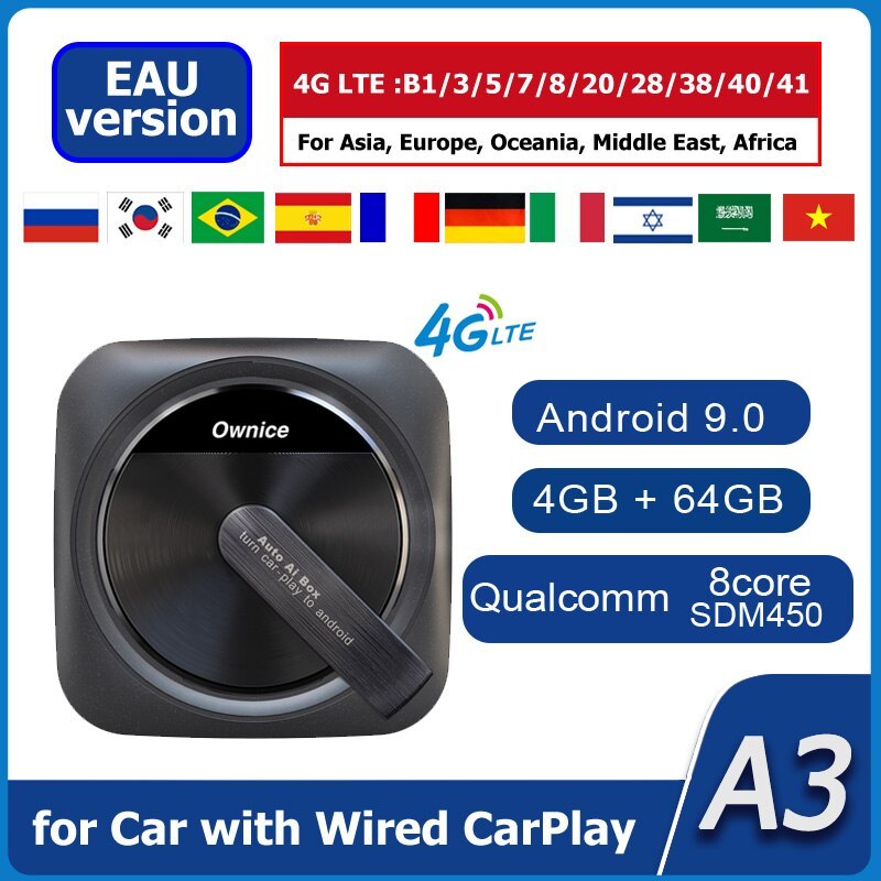 Wireless Apple CarPlay Adapter Dongle Plug & Play with Android Auto WiFi Auto Connect No Delay Online Update Ownice A3