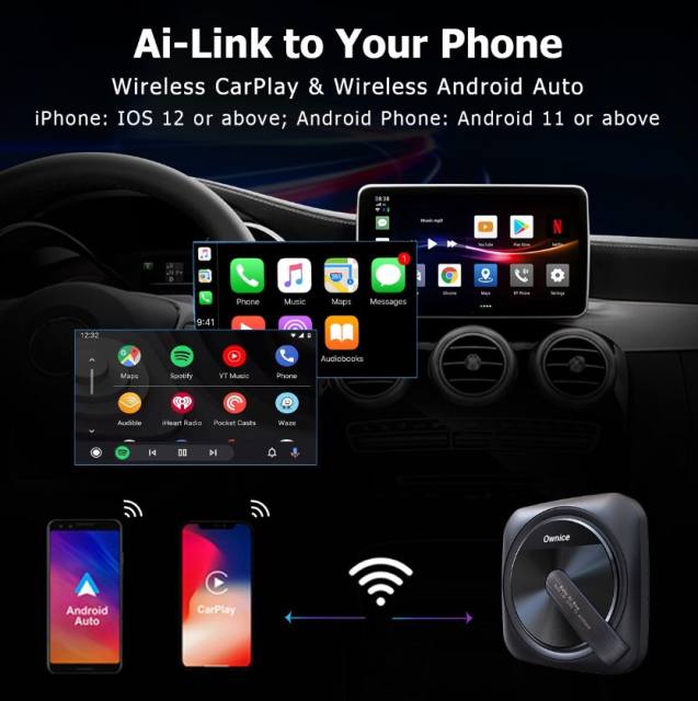 CarPlay Adapter - Wireless Android Auto Streaming Box for YouTube, Netflix, Spotify Ownice A0