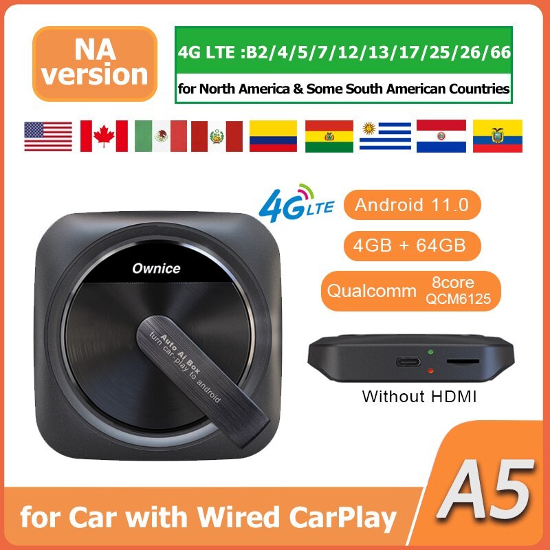 QCM6125 Wireless Carplay AI Box Android11 for OEM Wired Android Auto Carplay, Support Online Update, Plug & Play, HDMI Ownice A5