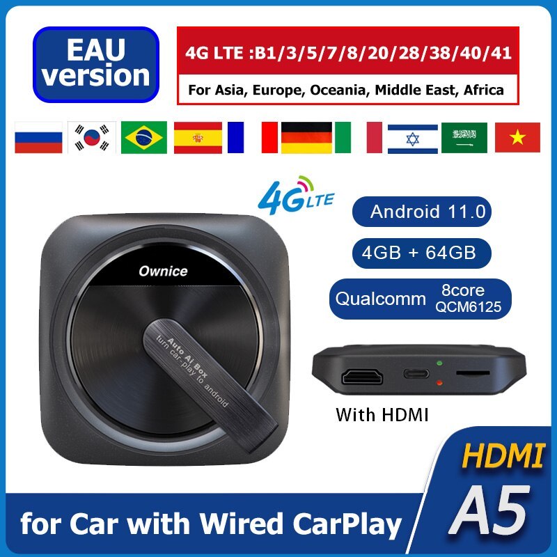 QCM6125 Wireless Carplay AI Box Android11 for OEM Wired Android Auto Carplay, Support Online Update, Plug & Play, HDMI Ownice A5