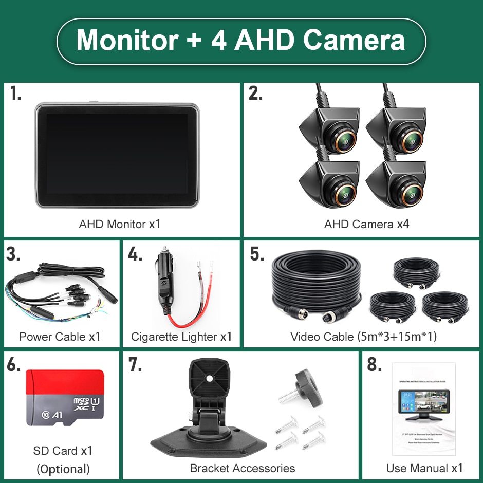 7 inch Touch Screen 4 Channels Split Screen BSD Radar Alarm Car DVR Recorder Parking Monitor With 4PCS 1080P AHD Backup Camera