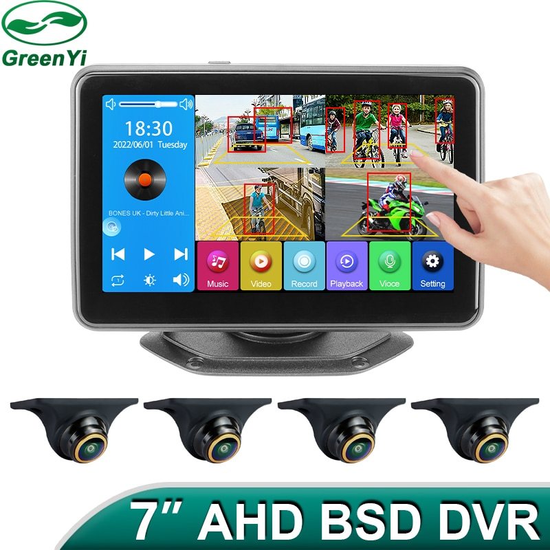 7 inch Touch Screen 4 Channels Split Screen BSD Radar Alarm Car DVR Recorder Parking Monitor With 4PCS 1080P AHD Backup Camera