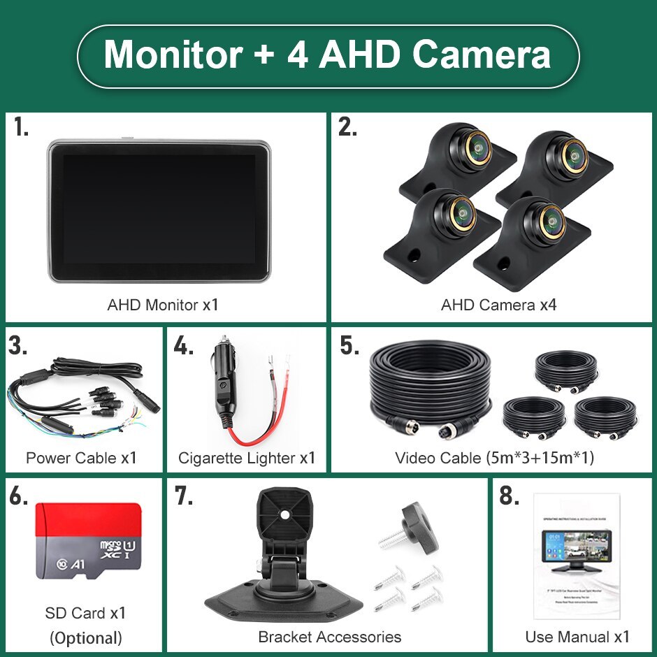 7 inch Touch Screen 4 Channels Split Screen BSD Radar Alarm Car DVR Recorder Parking Monitor With 4PCS 1080P AHD Backup Camera