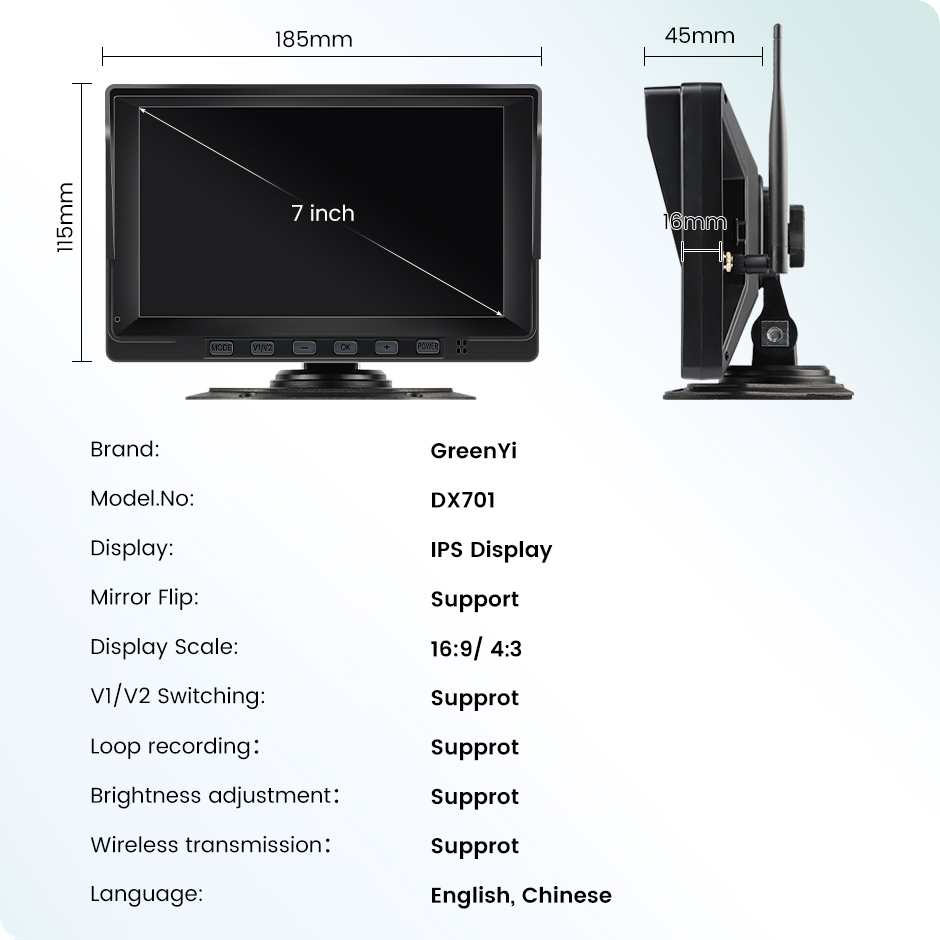7'' Wireless IPS Vehicle Monitor | Truck Bus 720P Car Rear View Camera Kit | Digital Signal GreenYi