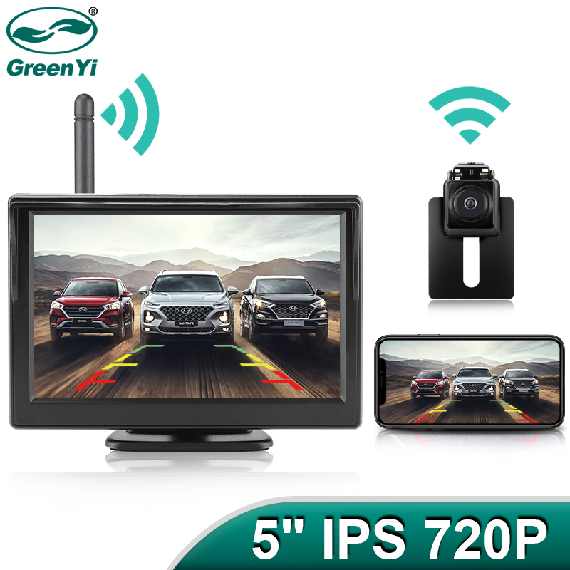 HD 720P WiFi Phone License Plate Backup Camera Kit | 5” IPS Screen Display | Perfect for Trucks, Pickups, Cars, Campers, RVs, Sedans, and Trailers GreenYi