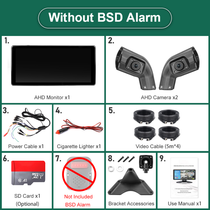 10.36 Inch 4 Ch Blind Spot BSD Alarm Truck Bus DVR Recorder Monitor | Dual Lens Camera for Left & Right Long Arm Sides GreenYi