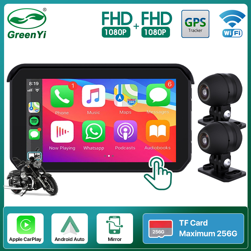GreenYi 5 Inch Motorcycle Carplay DVR Dash Cam, 1080P Waterproof Camera, GPS Navigation