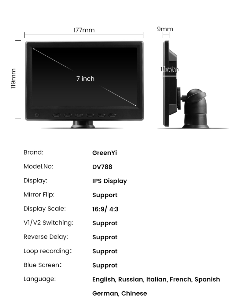 7 Inch AHD 1080P IPS Screen DVR Ultra Thin Vehicle Monitor with IR Rear View Night Vision Camera for Truck Bus Car GreenYi
