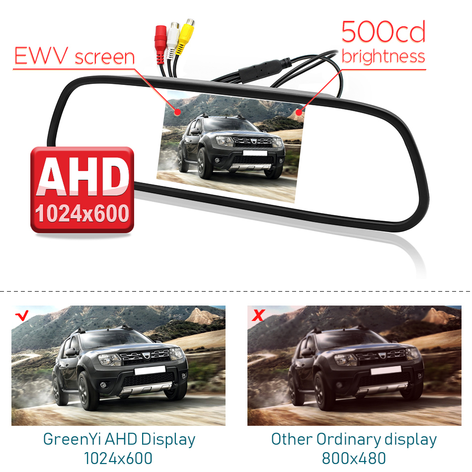 5 Inch AHD 1080P Car Mirror Monitor | High Definition Vehicle Backup Reverse Camera | 170 Degree Starlight Night Vision GreenYi