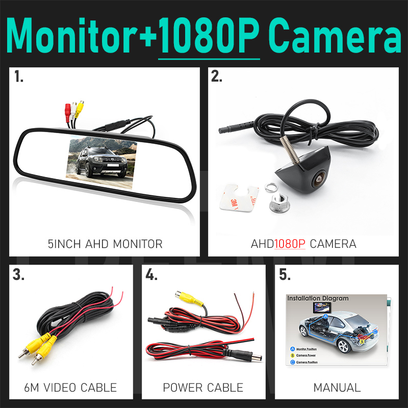 5 Inch AHD 1080P Car Mirror Monitor | High Definition Vehicle Backup Reverse Camera | 170 Degree Starlight Night Vision GreenYi