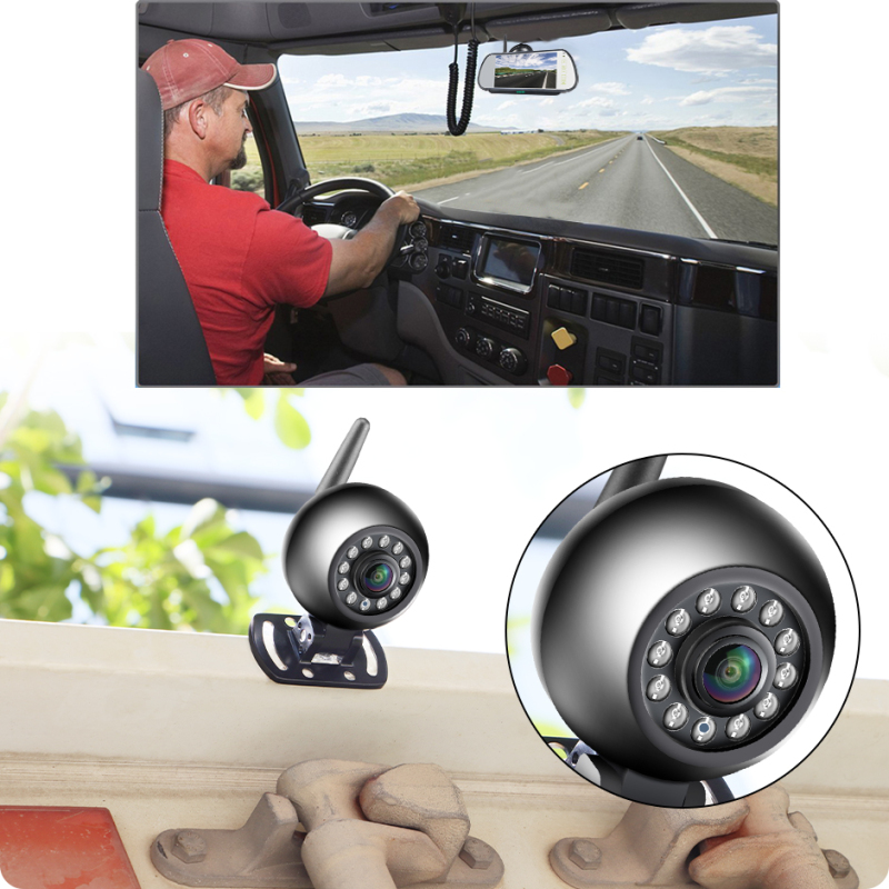 GreenYi AHD Wireless 7'' DVR Windshield Mirror Monitor IPS Screen | Round Shape Waterproof IR Night Vision Camera for Bus Truck Motorhome
