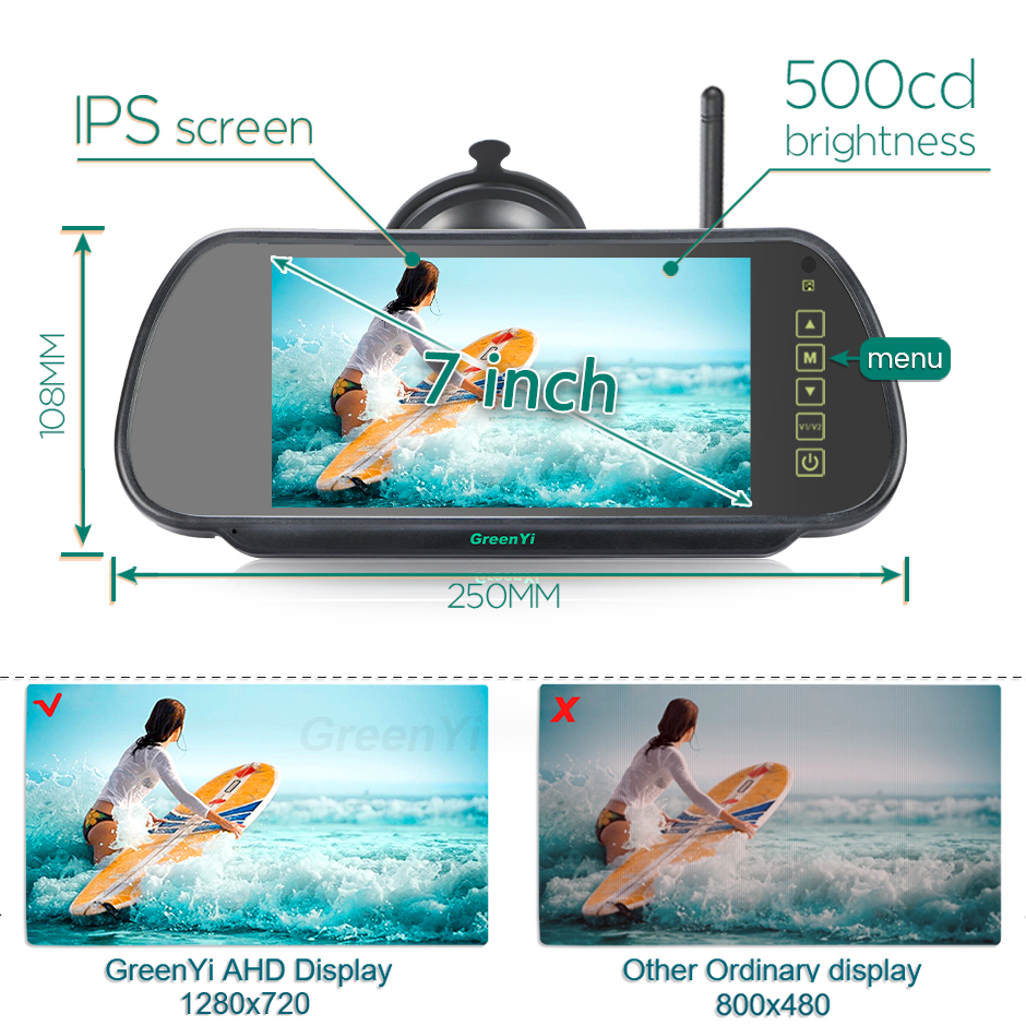 GreenYi AHD Wireless 7'' DVR Windshield Mirror Monitor IPS Screen | Round Shape Waterproof IR Night Vision Camera for Bus Truck Motorhome