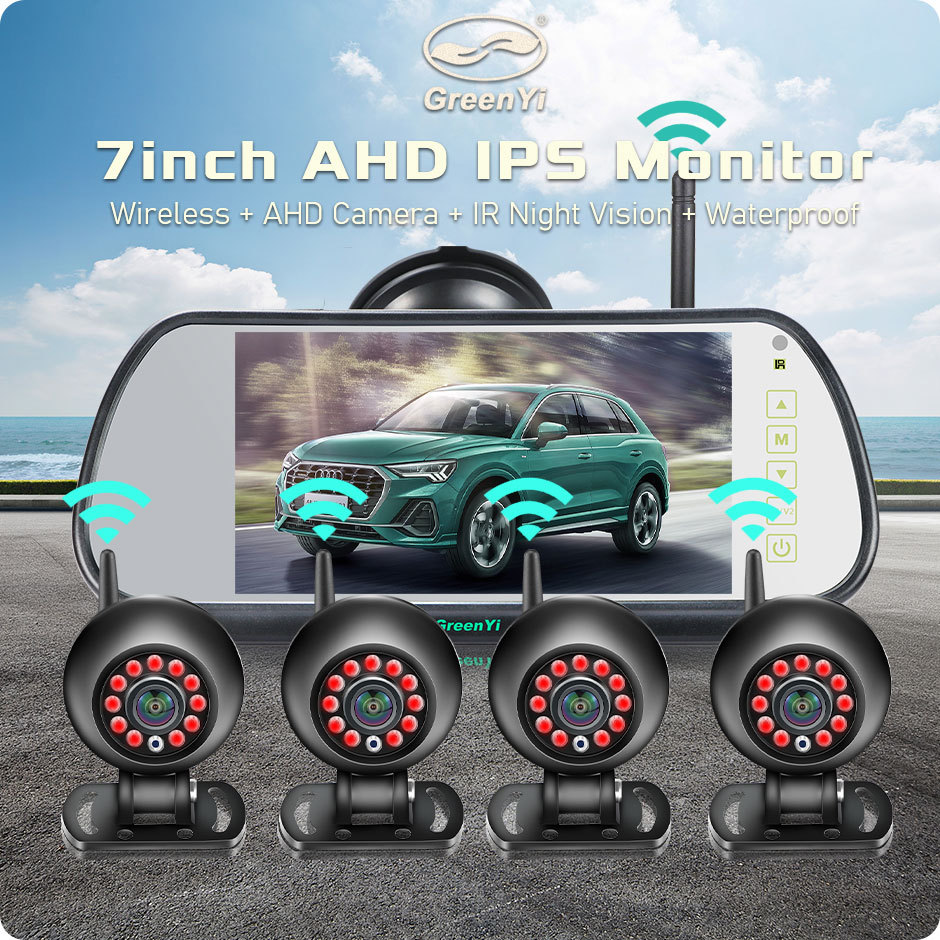 GreenYi AHD Wireless 7'' DVR Windshield Mirror Monitor IPS Screen | Round Shape Waterproof IR Night Vision Camera for Bus Truck Motorhome