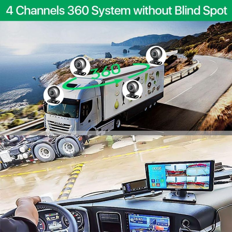 4K RV Backup Camera Monitor System by GreenYi: Featuring a 10.36" Touch Screen, Quad Split Display, Blind Spot Detection, and IP69 Waterproofing, Perfect for Trucks, Semi-Trailers, Buses, and Tractors