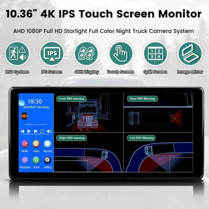 4K RV Backup Camera Monitor System by GreenYi: Featuring a 10.36" Touch Screen, Quad Split Display, Blind Spot Detection, and IP69 Waterproofing, Perfect for Trucks, Semi-Trailers, Buses, and Tractors