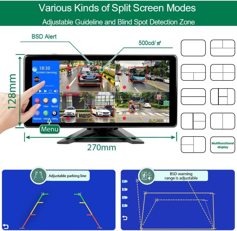 4K RV Backup Camera Monitor System by GreenYi: Featuring a 10.36" Touch Screen, Quad Split Display, Blind Spot Detection, and IP69 Waterproofing, Perfect for Trucks, Semi-Trailers, Buses, and Tractors