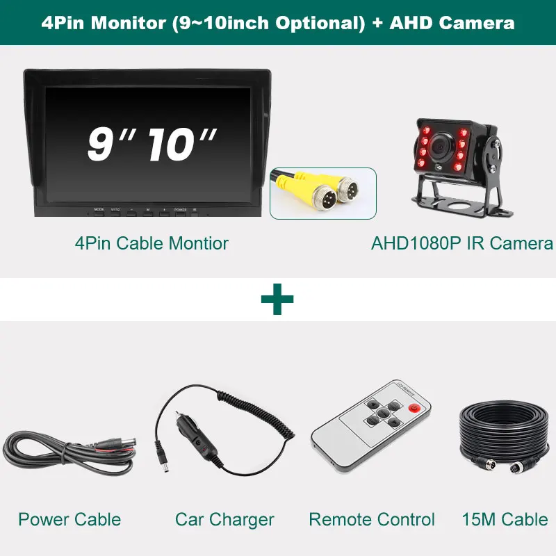 9/10 Inch AHD Monitor IPS Screen with 4-Pin Connector AV Cable | For Truck Bus Vehicle RV GreenYi