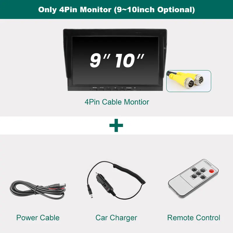 9/10 Inch AHD Monitor IPS Screen with 4-Pin Connector AV Cable | For Truck Bus Vehicle RV GreenYi